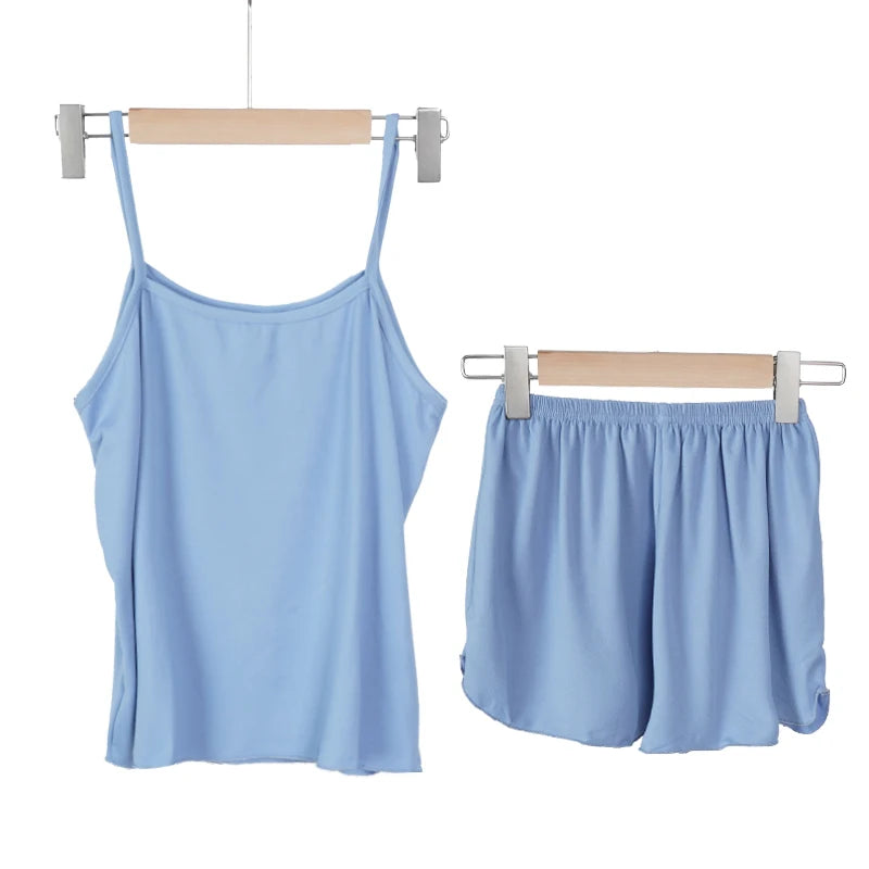 Pajamas for Women Summer Solid Color Sleepwear Sexy Pyjamas Set Round Neck Soft Breathable Tank Top Shorts Nightwear