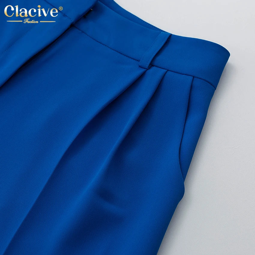 Clacive Blue Office Women'S Pants 2021 Fashion Loose Full Length Ladies Trousers Casual High Waist Wide Pants For Women