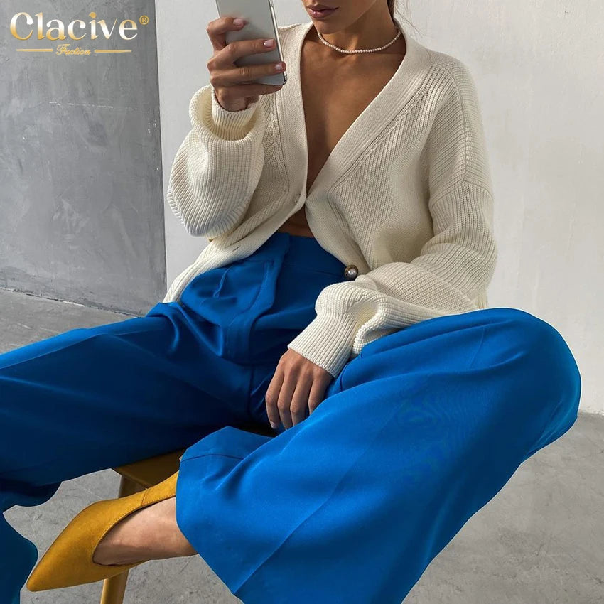 Clacive Blue Office Women'S Pants 2021 Fashion Loose Full Length Ladies Trousers Casual High Waist Wide Pants For Women
