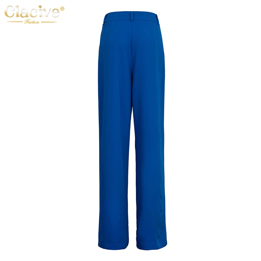 Clacive Blue Office Women'S Pants 2021 Fashion Loose Full Length Ladies Trousers Casual High Waist Wide Pants For Women