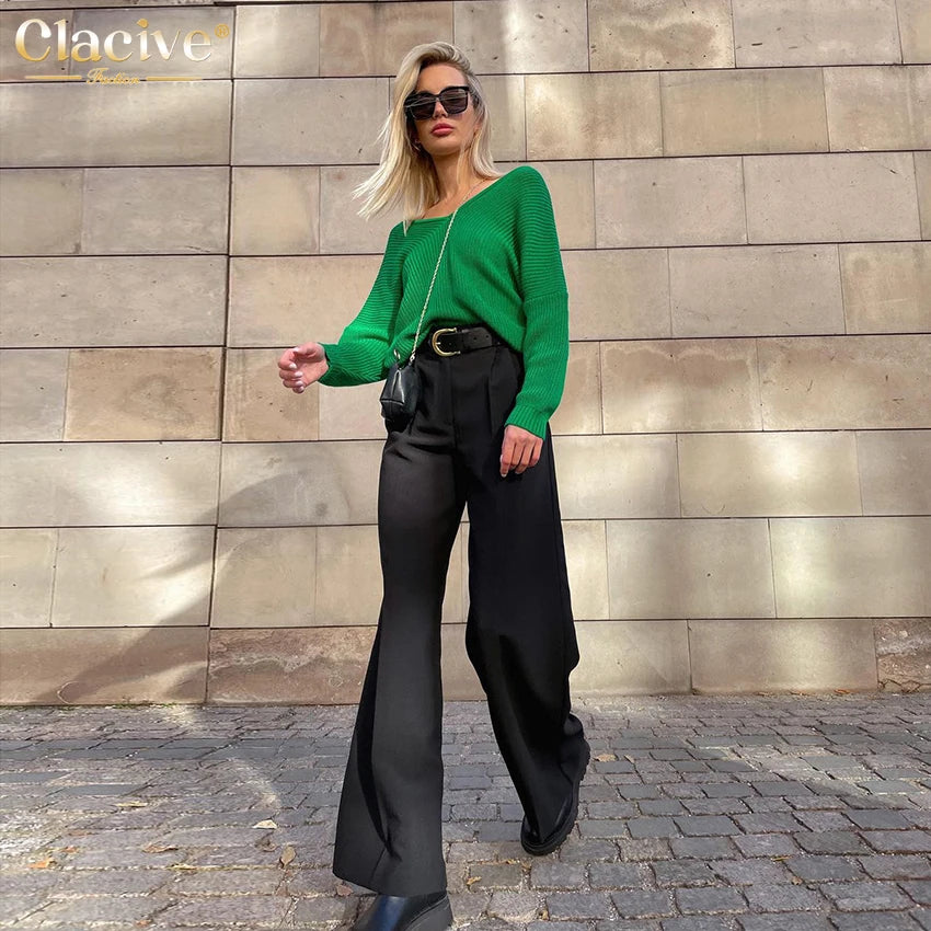 Clacive Blue Office Women'S Pants 2021 Fashion Loose Full Length Ladies Trousers Casual High Waist Wide Pants For Women