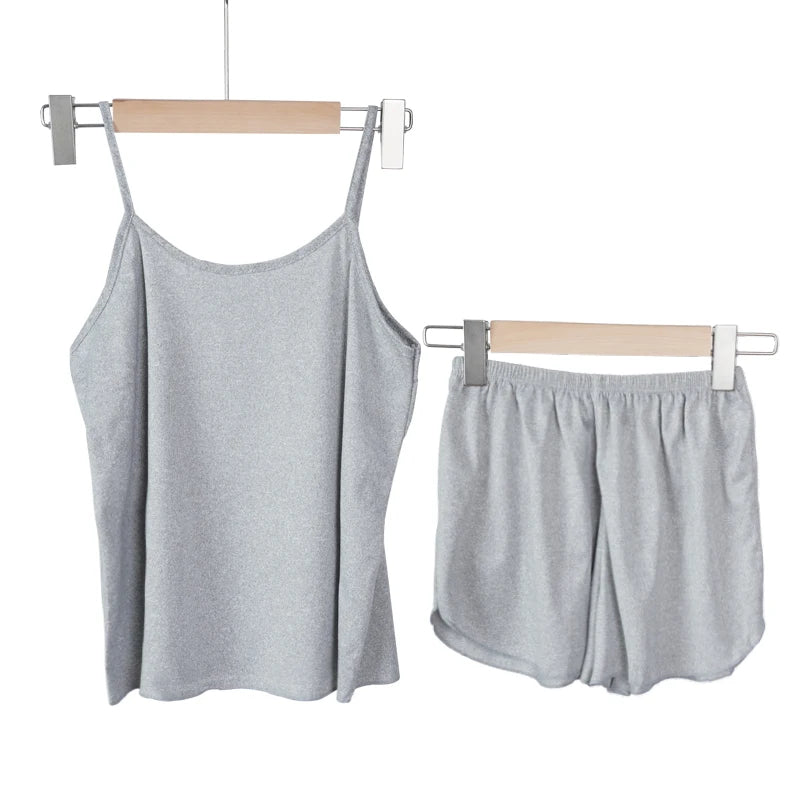 Pajamas for Women Summer Solid Color Sleepwear Sexy Pyjamas Set Round Neck Soft Breathable Tank Top Shorts Nightwear