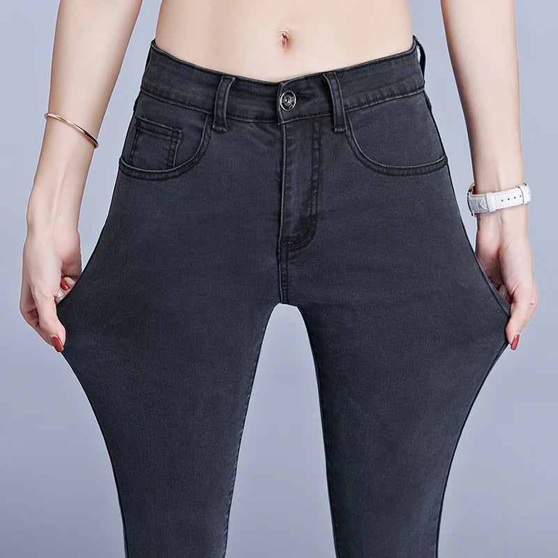 Jeans for woman clothes high waist 38 40 full Length skinny hips pencil black blue gray Stretch Denim pants 100 kg