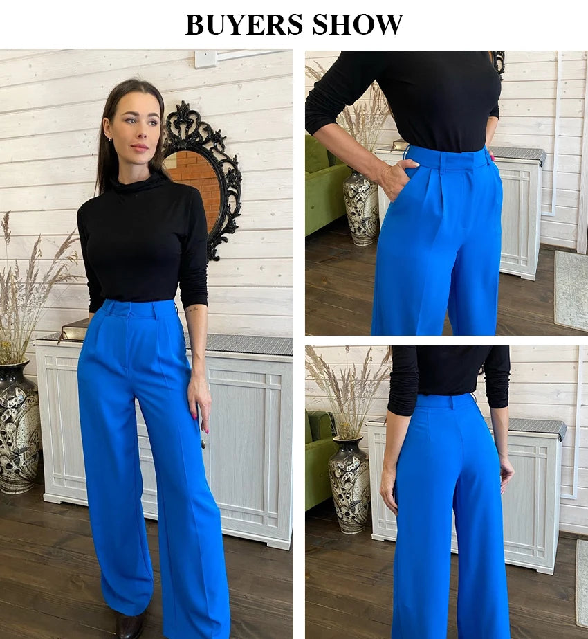 Clacive Blue Office Women'S Pants 2021 Fashion Loose Full Length Ladies Trousers Casual High Waist Wide Pants For Women