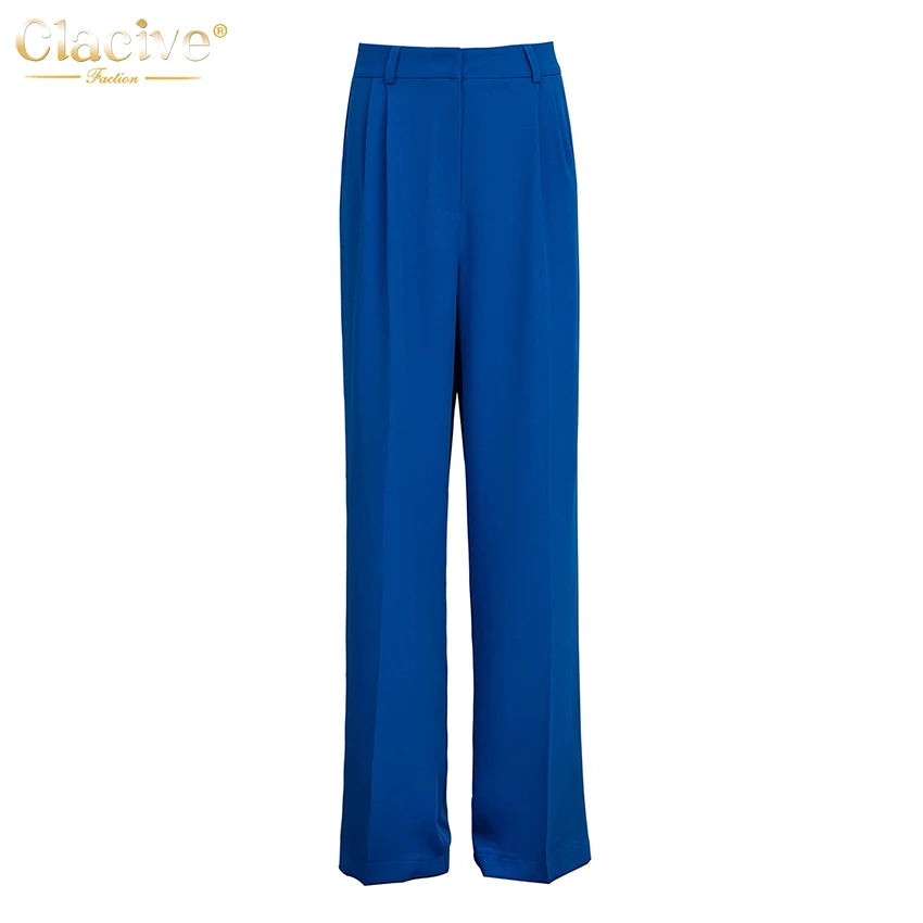 Clacive Blue Office Women'S Pants 2021 Fashion Loose Full Length Ladies Trousers Casual High Waist Wide Pants For Women