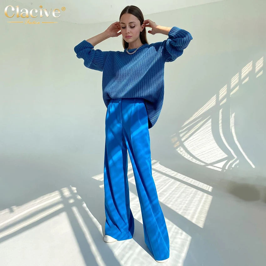 Clacive Blue Office Women'S Pants 2021 Fashion Loose Full Length Ladies Trousers Casual High Waist Wide Pants For Women