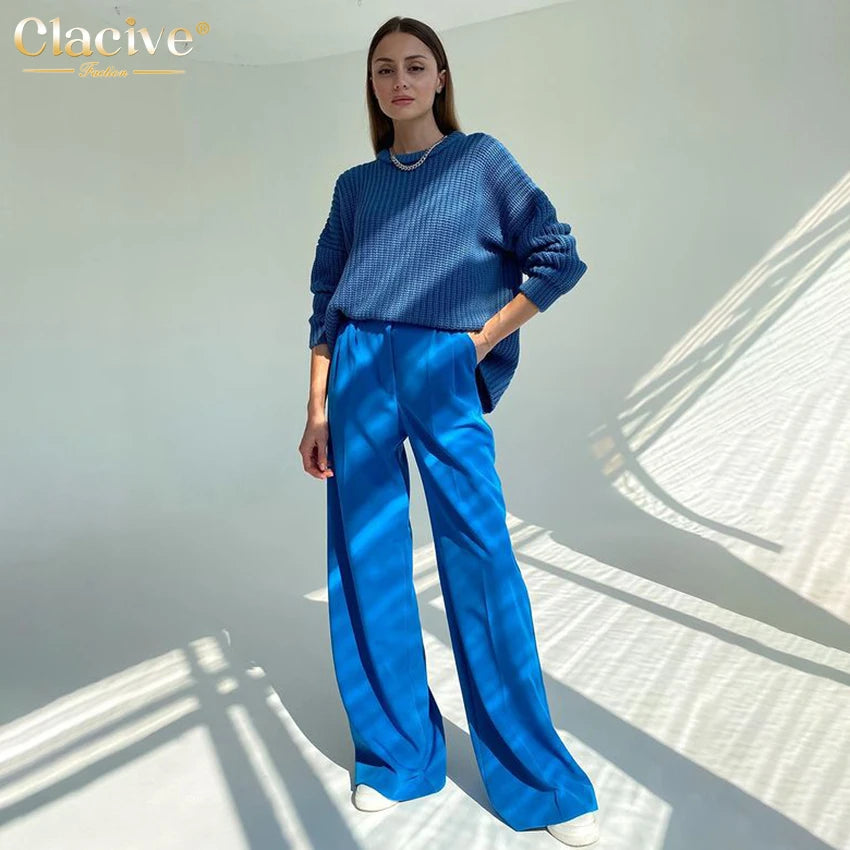 Clacive Blue Office Women'S Pants 2021 Fashion Loose Full Length Ladies Trousers Casual High Waist Wide Pants For Women