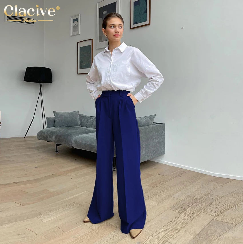 Clacive Blue Office Women'S Pants 2021 Fashion Loose Full Length Ladies Trousers Casual High Waist Wide Pants For Women