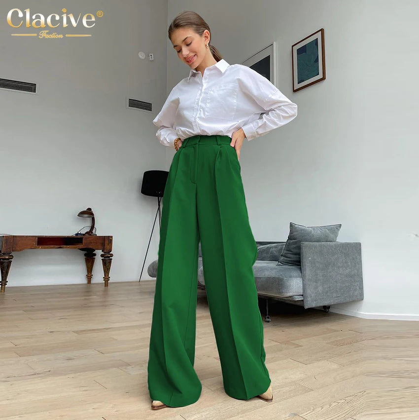 Clacive Blue Office Women'S Pants 2021 Fashion Loose Full Length Ladies Trousers Casual High Waist Wide Pants For Women