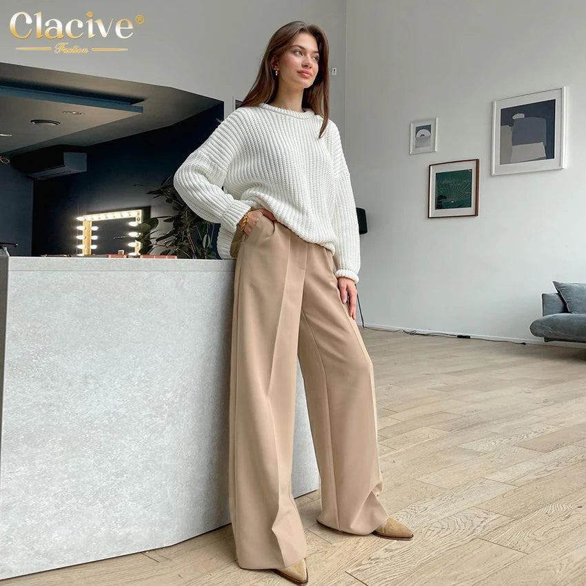 Clacive Blue Office Women'S Pants 2021 Fashion Loose Full Length Ladies Trousers Casual High Waist Wide Pants For Women