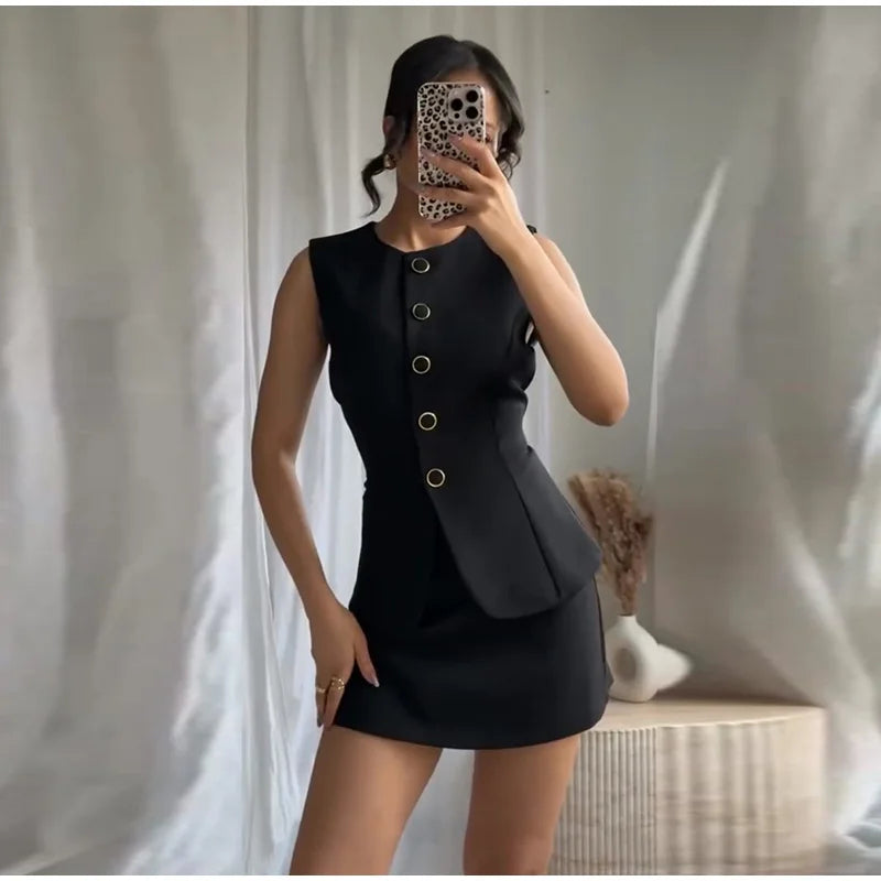 Casual Mini Dress Women Belt Slim Spring Summer O-neck Sleeveless Top Above Knee Skirt Sets Woman Vintage Fake Two Pieces Lady