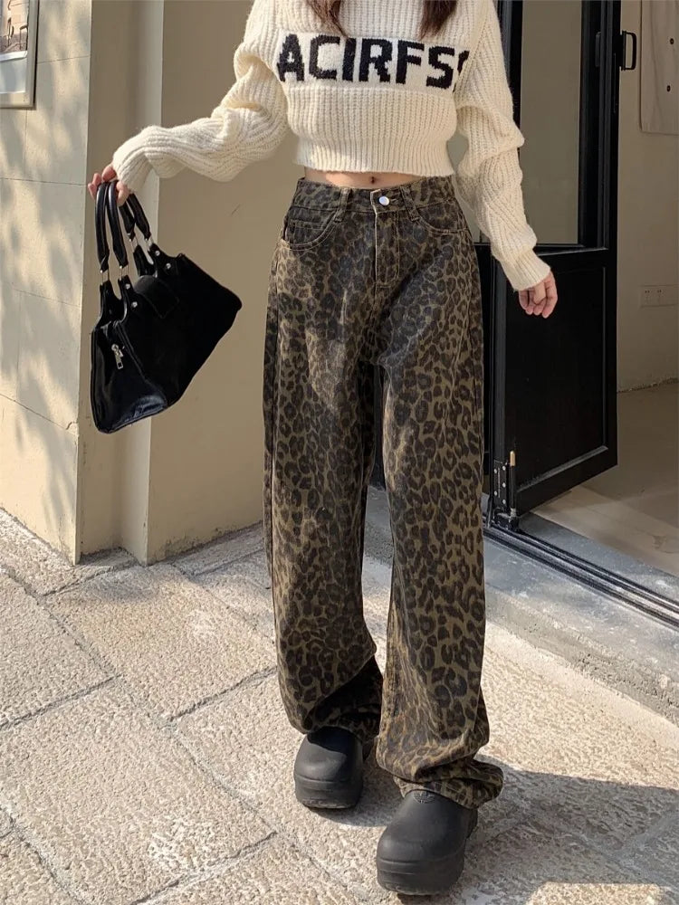 Vintage Leopard Print Pantalon Femme Wide Leg Pants Women High Waist Straight Y2k Jeans Casual Fashion Korean Jean Trousers