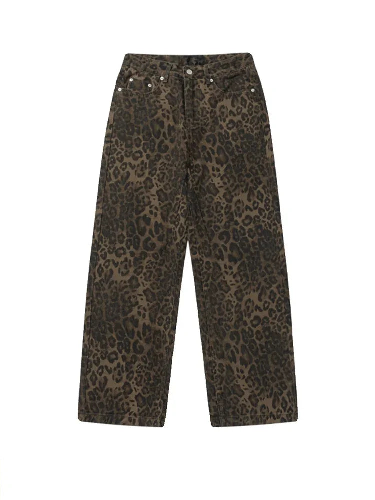 Baggy Leopard Print Y2k Jeans Women 2024 New High Waisted Casual Wide Leg Denim Pants Fashion Streetwear Retro Straight Jeans