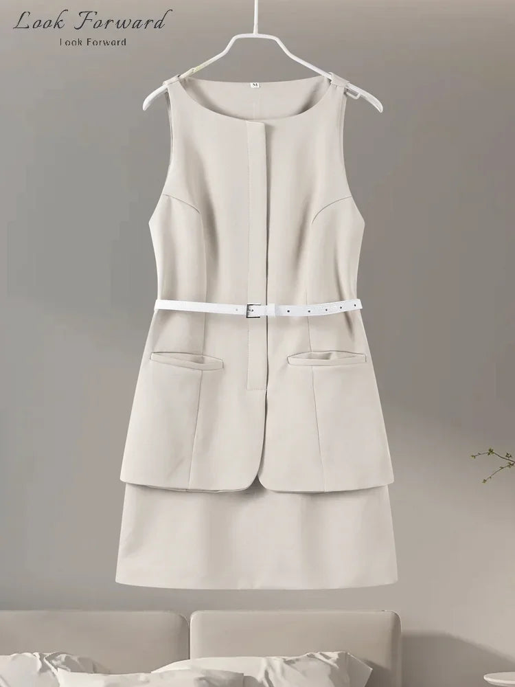 Casual Mini Dress Women Belt Slim Spring Summer O-neck Sleeveless Top Above Knee Skirt Sets Woman Vintage Fake Two Pieces Lady