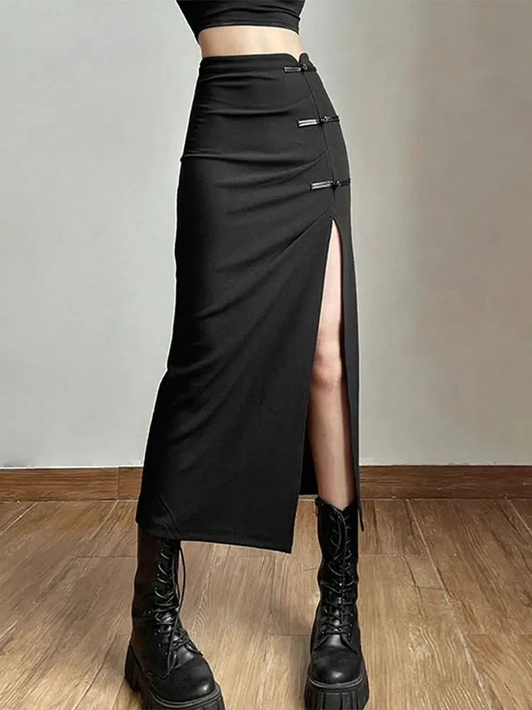 Women Skirt Summer New Streetwear Fashion Zipper Casual Slim Split Maxi Skirt Black Sexy Club Party Elegant Versatile Lady Skirt