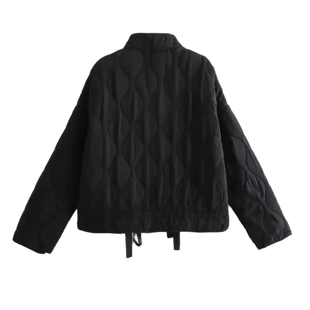 TRAF Women's Diamond Check Cotton Jacket Round Neck Loose Long Sleeve Zip Cotton Jacket Vintage Street Fashion Pocket Warm Top