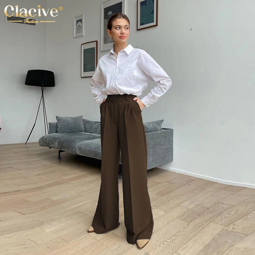 Clacive Blue Office Women'S Pants 2021 Fashion Loose Full Length Ladies Trousers Casual High Waist Wide Pants For Women
