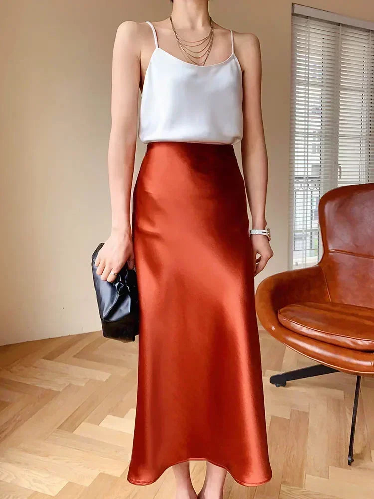 Fashion Women's Skirt A-line Silk High Waist Elegant Skirts Green Blue Long Summer Skirts Korean Side Zipper Office Satin Skirt