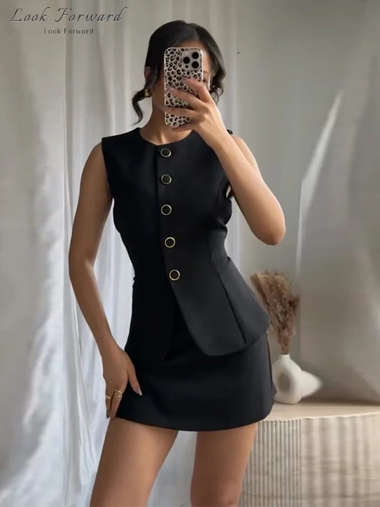 Casual Mini Dress Women Belt Slim Spring Summer O-neck Sleeveless Top Above Knee Skirt Sets Woman Vintage Fake Two Pieces Lady