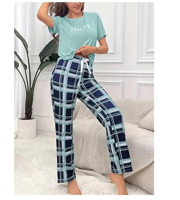 Women's Pajamas Set Casual Home Clothes Soft Comfortable Crew Neck T-Shirt & Plaid Pants Sleepwear Piece Loungewear Pyjama Femme
