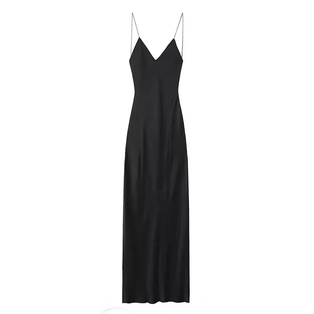 2024 Women's New Chic Fashion Temperament Satin Thin Shoulder Strap Underwear Slim Long Dress Retro Backless Women's Dress Mujer