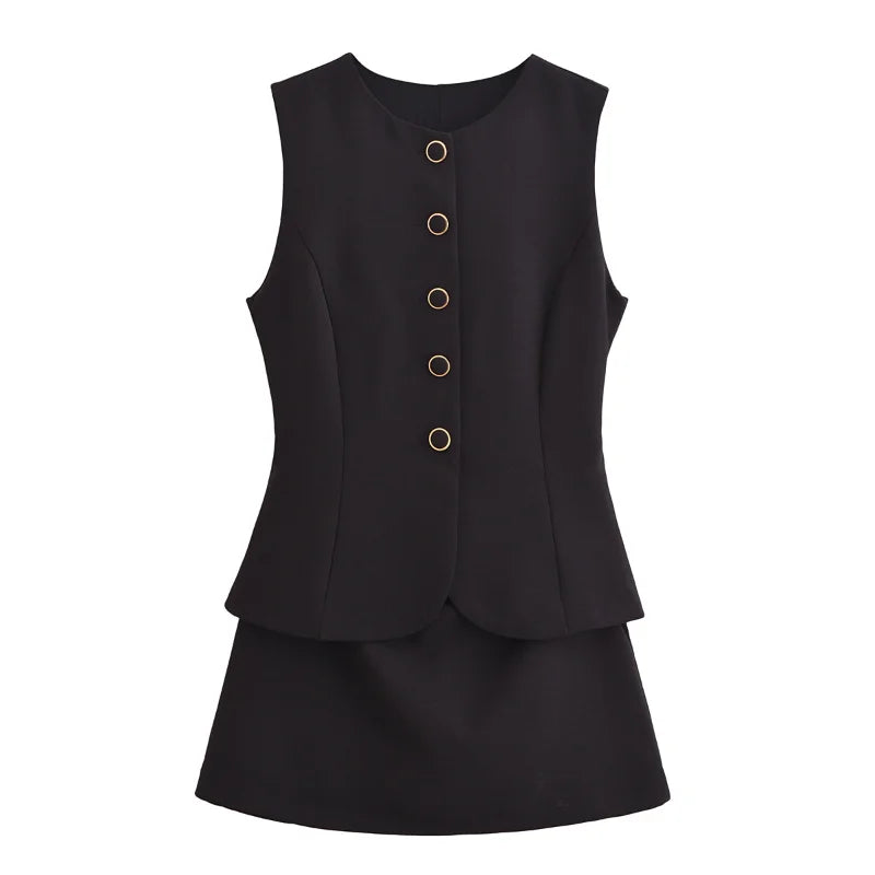 Casual Mini Dress Women Belt Slim Spring Summer O-neck Sleeveless Top Above Knee Skirt Sets Woman Vintage Fake Two Pieces Lady