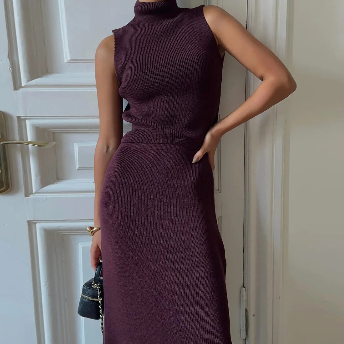 Tossy Elegant Knitwear 2 Piece-Set Long Dress Female Ribbed Sweater Pullover And Loose Patchwork Maxi Skirt Sets Ladies Outfits