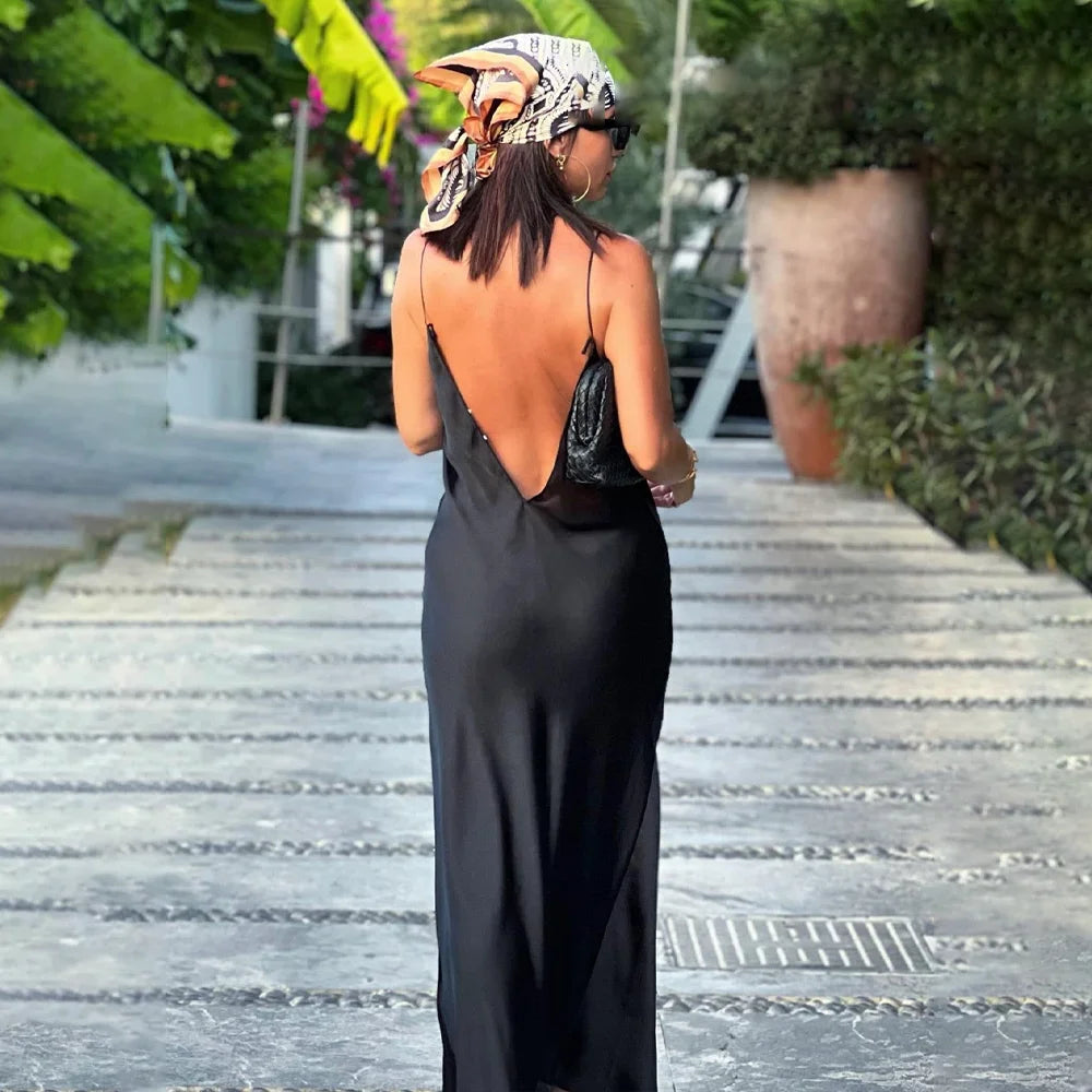 2024 Women's New Chic Fashion Temperament Satin Thin Shoulder Strap Underwear Slim Long Dress Retro Backless Women's Dress Mujer