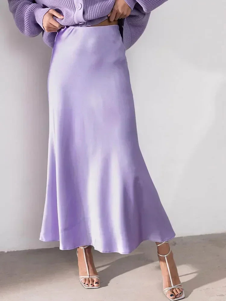 Fashion Women's Skirt A-line Silk High Waist Elegant Skirts Green Blue Long Summer Skirts Korean Side Zipper Office Satin Skirt