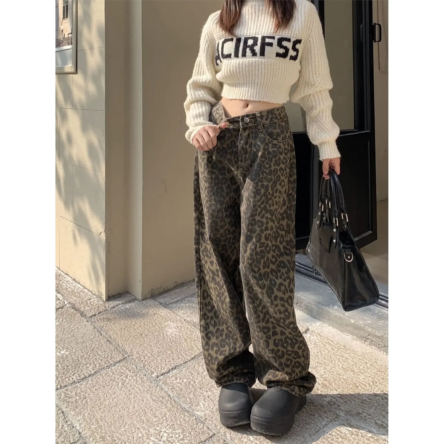 Vintage Leopard Print Pantalon Femme Wide Leg Pants Women High Waist Straight Y2k Jeans Casual Fashion Korean Jean Trousers