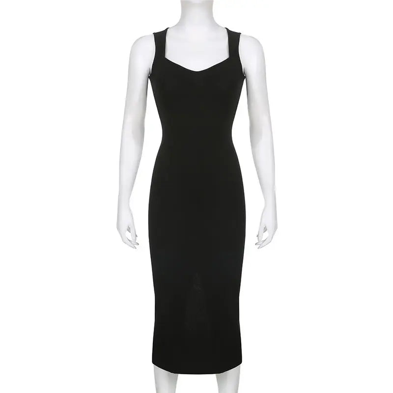 Temperament Square Neck Long Dress for Women Sexy Solid Screw Thread Sleeveless Split Dresses Slim Pullover Office Lady Vestidos