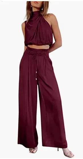 Women's Two Piece Pants Sets Open Navel Outfit Silk Pleated Texture Sleeveless Top Wide Leg Pants Set Summer Matching Sets 2024