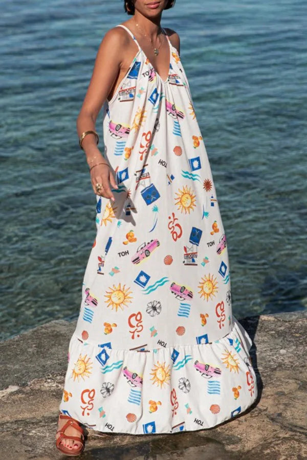 Sexy Long Dress For Women New Sexy Backless V-neck Sleeveless Suspender Print Dress Vacation Large Size Loose Dress For Women