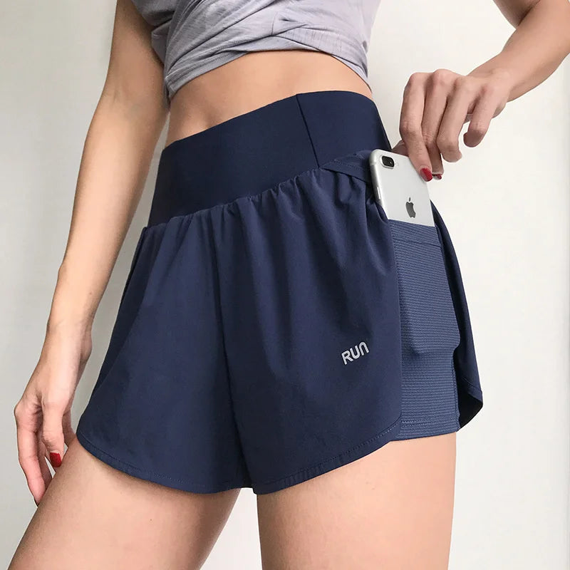 Women 2 In 1 Running Shorts Elastic Waist Pocket Summer Yoga Shorts Woman Cycling Sports Shorts Gym Fitness Shorts Sportswear