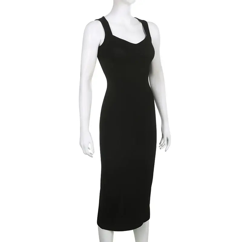 Temperament Square Neck Long Dress for Women Sexy Solid Screw Thread Sleeveless Split Dresses Slim Pullover Office Lady Vestidos