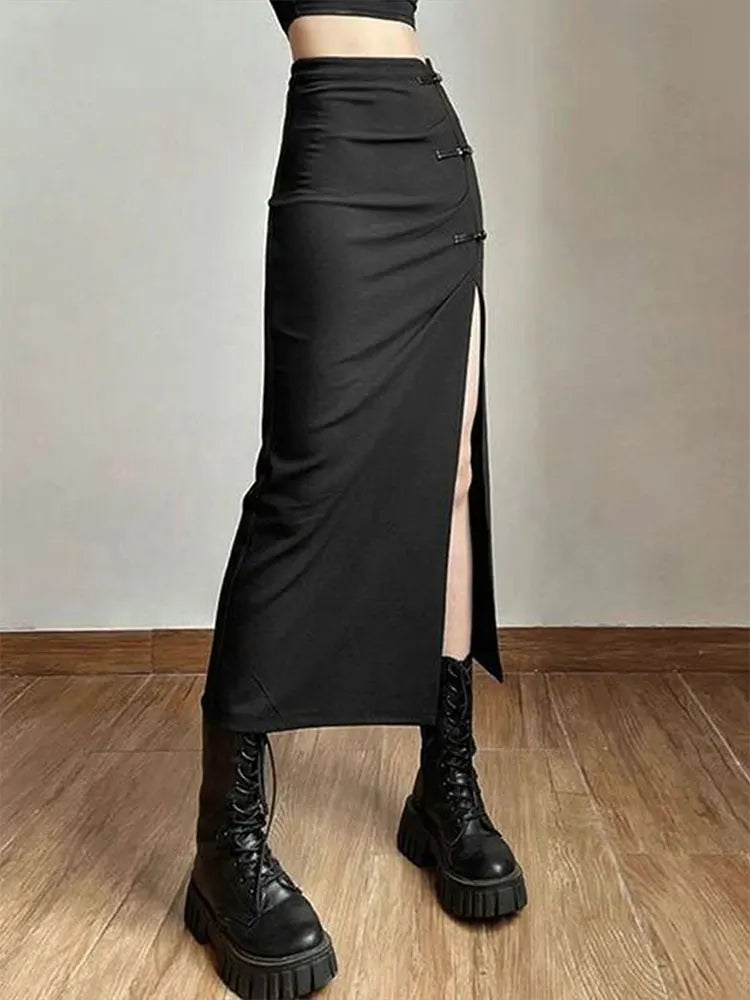 Women Skirt Summer New Streetwear Fashion Zipper Casual Slim Split Maxi Skirt Black Sexy Club Party Elegant Versatile Lady Skirt