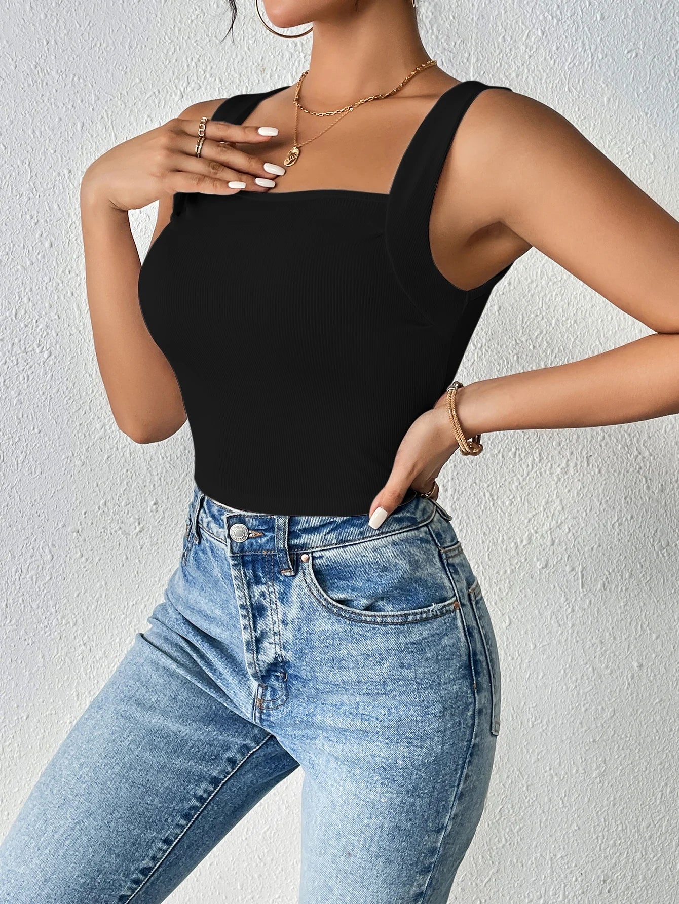 Solid Square Neck Tank Top, Casual Summer Sleeveless Top, Women's Clothing