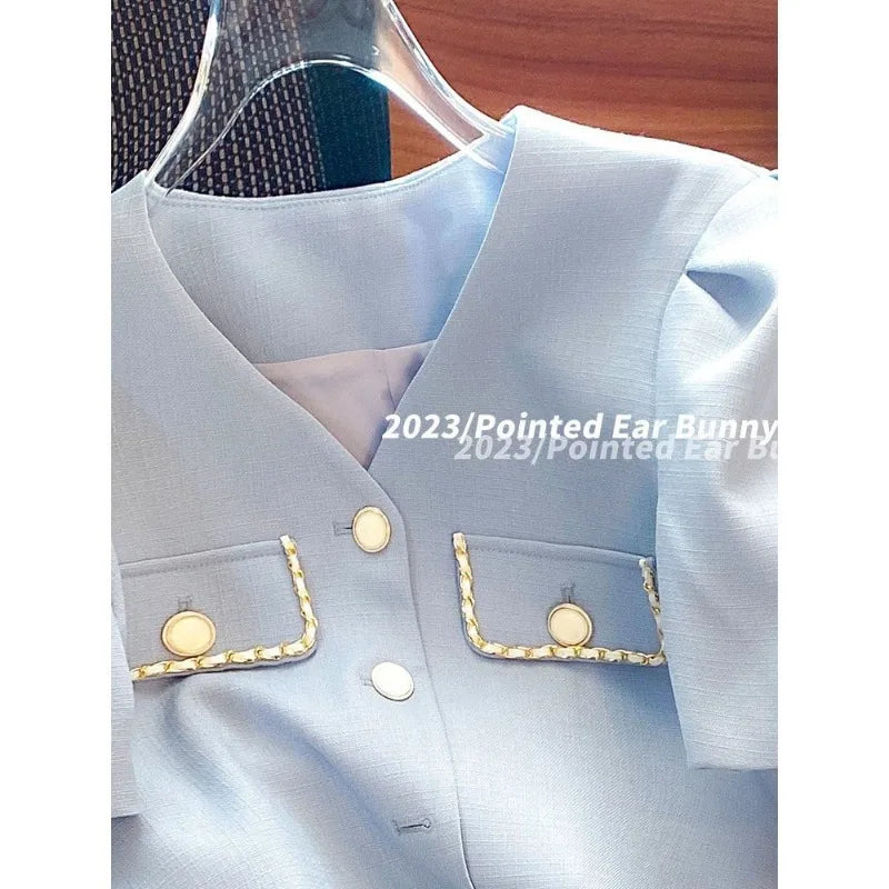 Suits for Women Tracksuit Two Piece Set V Neck Short Sleeve Coat Ropa Club Wide Leg Tailored Trousers Casual Pants Sets