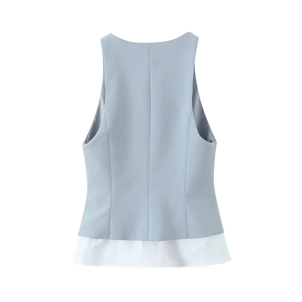 TRZA Women's Fashion Striped Patchwork Vest Sleeveless V-Neck Waistcoat Chic Outerwear Front Button Chic Vest Tops