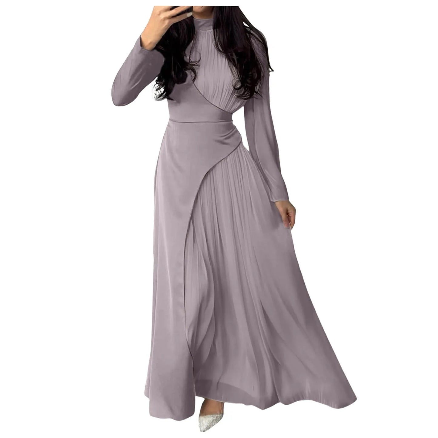 Women'sElegant Patchwork Long Dress Spring Half High Neck Long Sleeve A-Line Maxi Dress Female Slim Waist Party Club Dresses