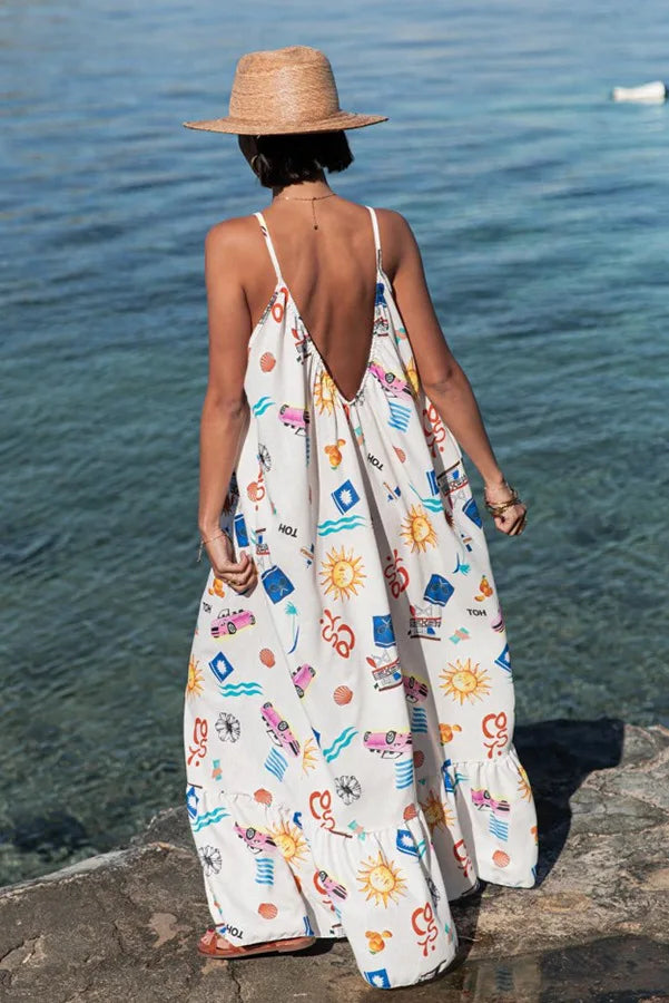Sexy Long Dress For Women New Sexy Backless V-neck Sleeveless Suspender Print Dress Vacation Large Size Loose Dress For Women