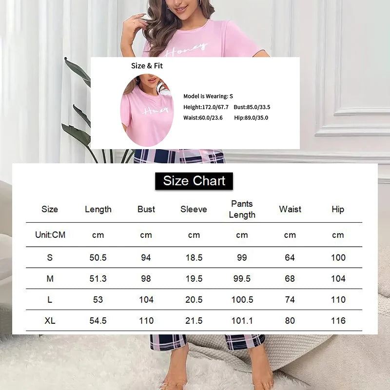 Women's Pajamas Set Casual Home Clothes Soft Comfortable Crew Neck T-Shirt & Plaid Pants Sleepwear Piece Loungewear Pyjama Femme