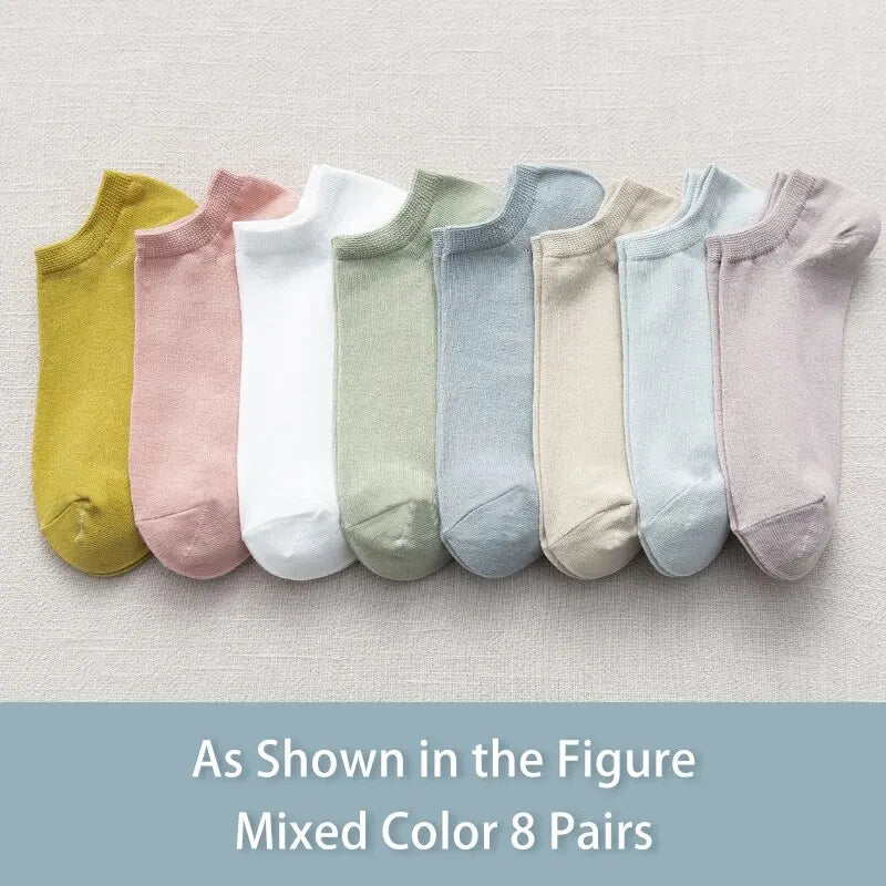 8 Pairs of Spring and Summer Four-season Women's Simple Fashionable and Sweet Morandi Solid Color Low Cut and Comfortable Socks