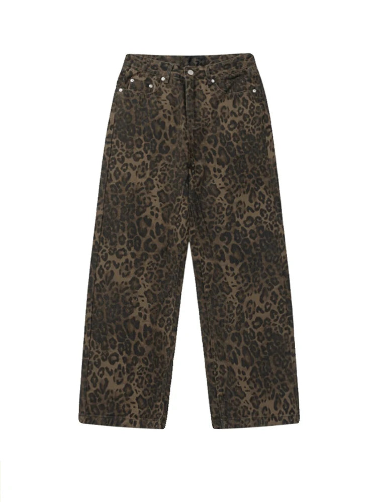 Baggy Leopard Print Y2k Jeans Women 2024 New High Waisted Casual Wide Leg Denim Pants Fashion Streetwear Retro Straight Jeans