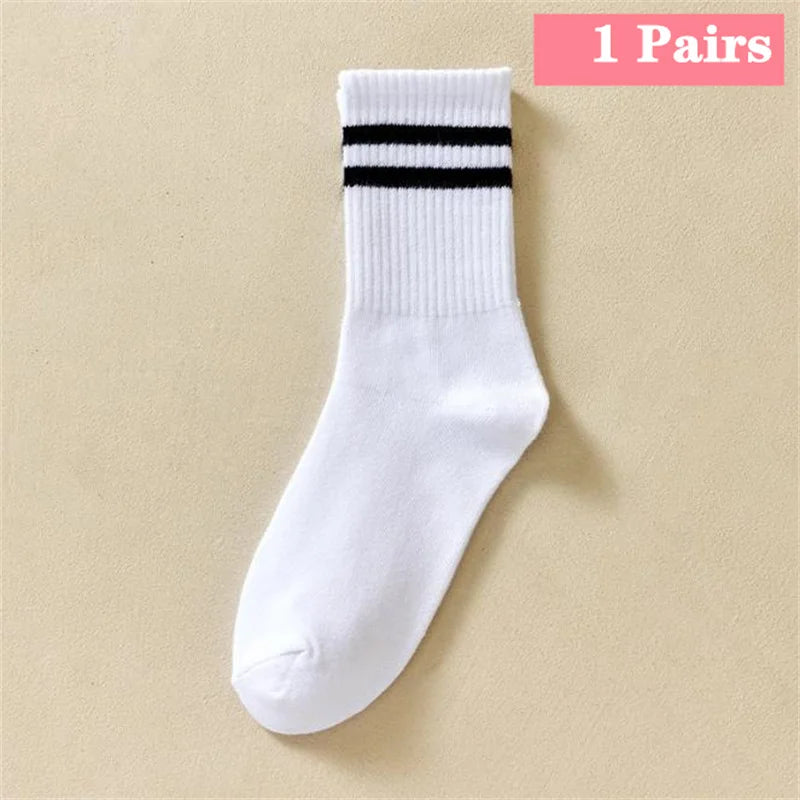 1/5/10 Pairs women's and men's white sock, mid length socks, Korean version socks, striped autumn and winter casual sports sock