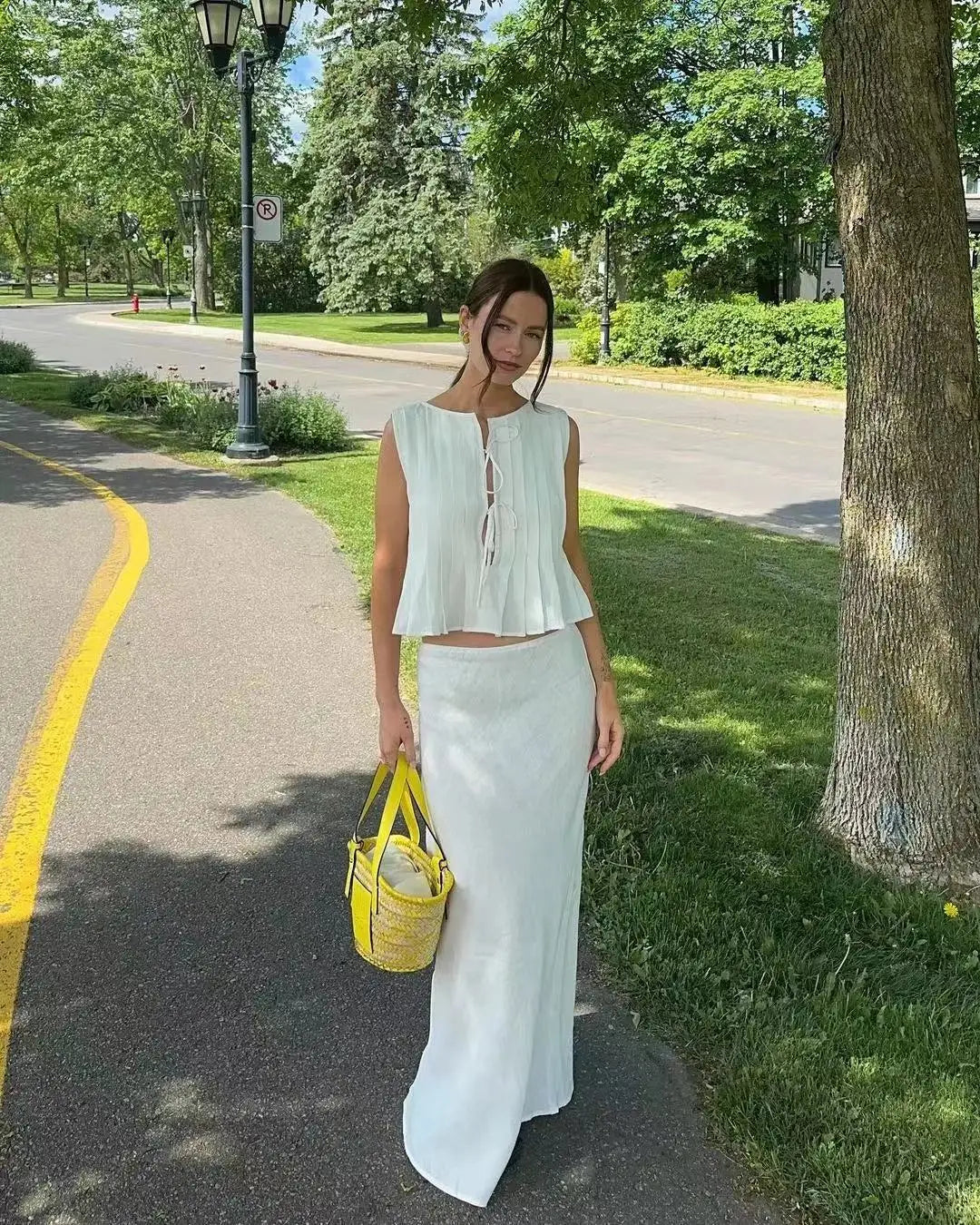 Women's Ruffled Lace Up Suit Blouse Long Skirt High Street Suit Solid Color Skirt 2 Piece High Street Suit 2024 New Suit