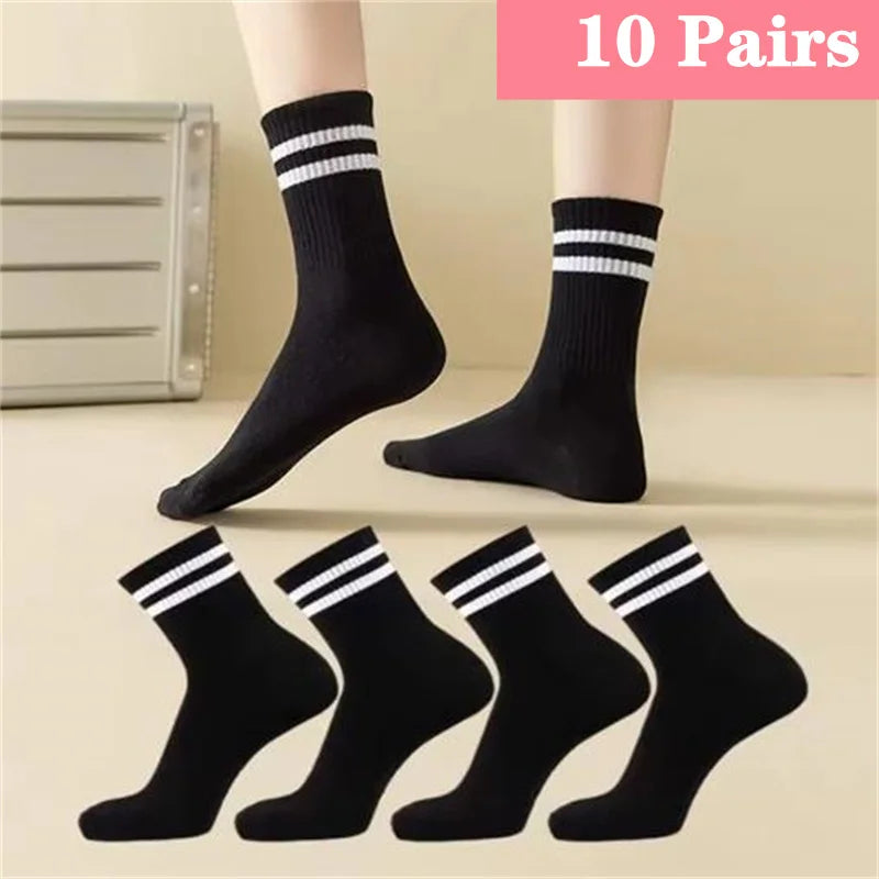 1/5/10 Pairs women's and men's white sock, mid length socks, Korean version socks, striped autumn and winter casual sports sock