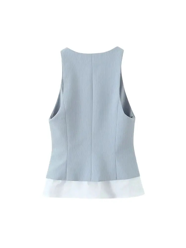 TRZA Women's Fashion Striped Patchwork Vest Sleeveless V-Neck Waistcoat Chic Outerwear Front Button Chic Vest Tops