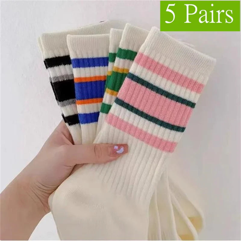 1/5/10 Pairs women's and men's white sock, mid length socks, Korean version socks, striped autumn and winter casual sports sock
