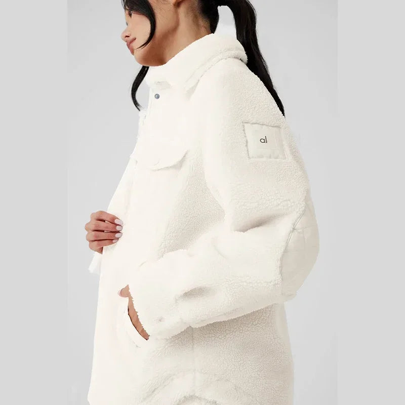 AL Coat for women Plush jacket Lapel shirt style Loose Casual White Fashion Coat Plush Medium long styles Pockets Jacket New